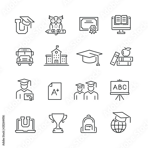 Education related icons: thin vector icon set, black and white kit