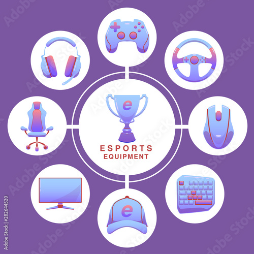 Color Esports icons set. Game tournament. Vector gaming devices. Infographic cybersport illustration.