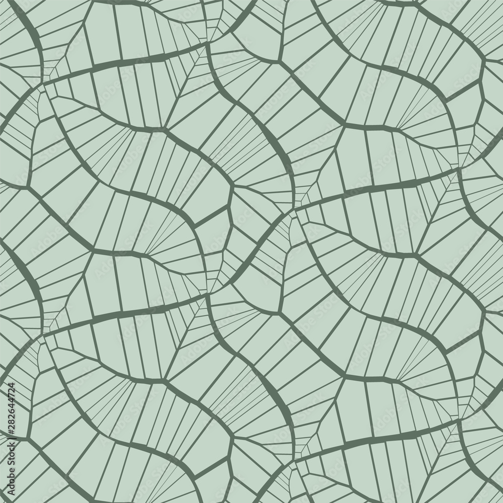 Abstract seamless vector pattern background. Cracks, leaves, veins. Light pastel green color. on black background