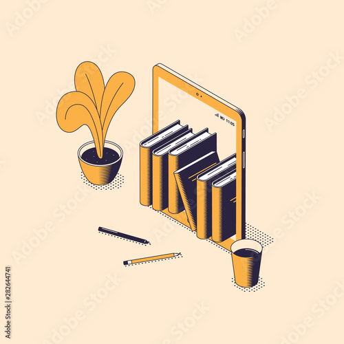 Online reading and education isometric vector illustration.