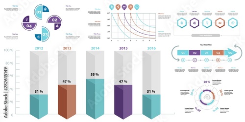 Creative business infographic slide templates set can be used for annual report, web design, workflow layout. Management concept. Option, comparison, donut, area, organizational charts, flowchart