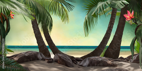 beautiful beach lagoon view with palm trees and tropical leaves, can be used as background © Kanea