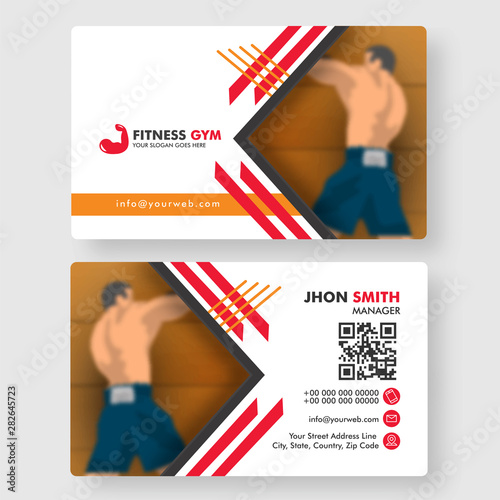 Fitness Gym concept based fitness club business card design in front and back view.