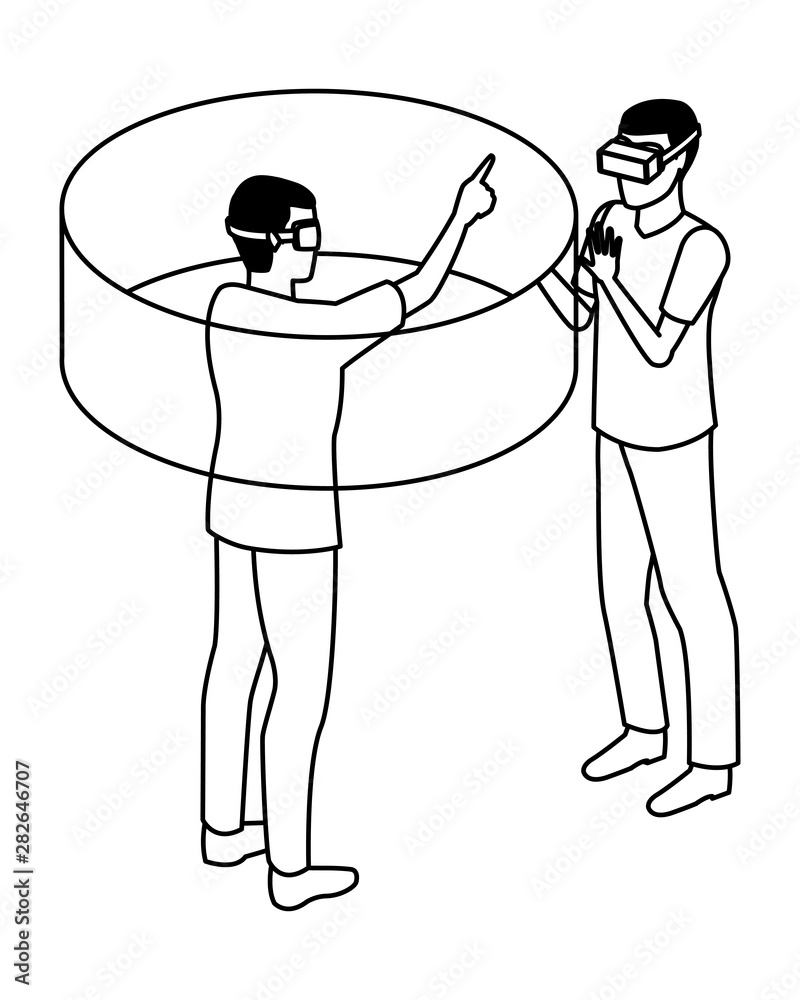 Fototapeta premium virtual reality technology experience cartoon in black and white