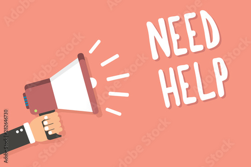 Text sign showing Need Help. Conceptual photo When someone is under pressure and cannot handle the situation Man holding megaphone loudspeaker pink background message speaking loud photo