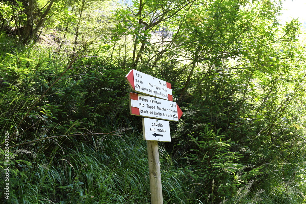 Signs with directions for high mountain trails in Trentino Alto Adige, Italy