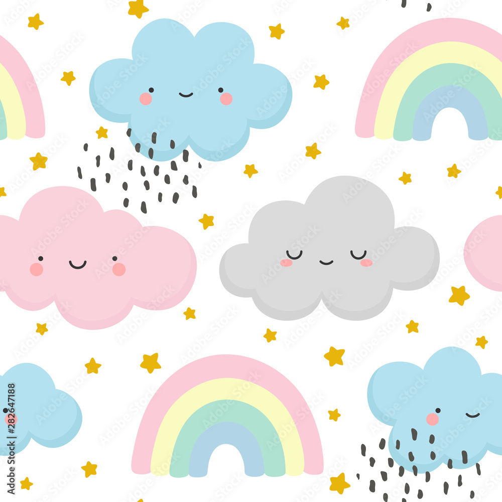 cloud pattern, cute face cloud background, rainbow and stars seamless pattern, cartoon vector illustration, sky background for baby cloud pattern, cute face cloud background, rainbow and stars seamless pattern, cartoon vector illustration, sky background for baby