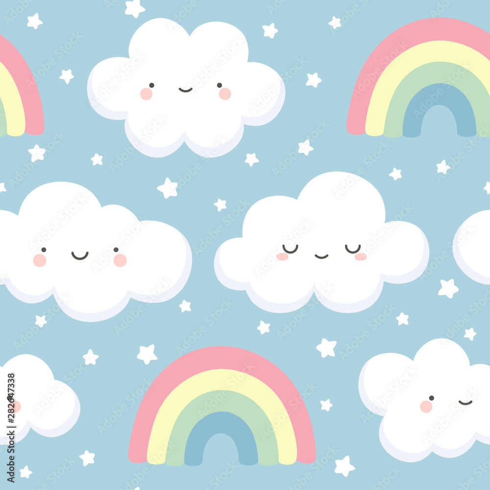 cloud pattern, cute face cloud background, rainbow and stars seamless pattern, cartoon vector illustration, sky background for baby cloud pattern, cute face cloud background, rainbow and stars seamless pattern, cartoon vector illustration, sky background for baby