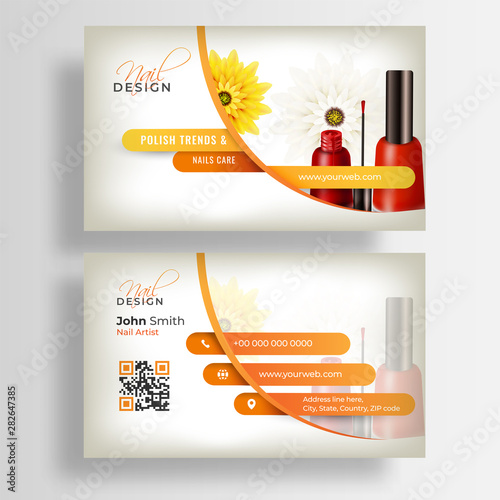 Front and back view of Nail Artist business card or visiting card design with nail polish and flowers.