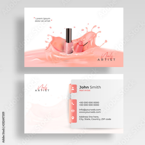 Front and back view of Nail Artist visiting card design with nail polish splatter.