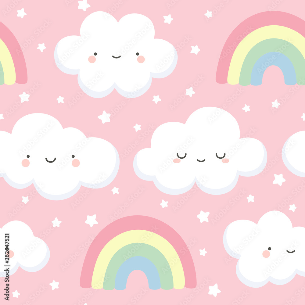 cloud pattern, cute face cloud background, rainbow and stars seamless  pattern, cartoon vector illustration, sky background for baby Stock Vector  | Adobe Stock