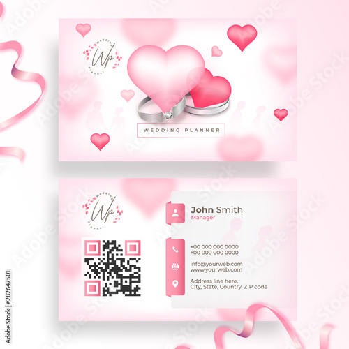 Horizontal template or visiting card design with hearts shape and rings for Wedding Planner.