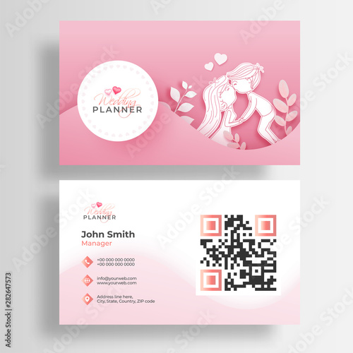 Front and back view of Wedding Planner business card or visiting card design with paper cut romantic couple.