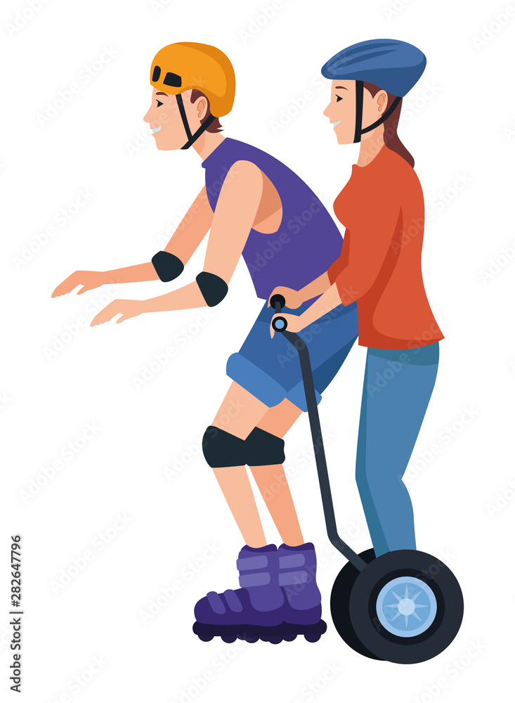 Friends with electric scooter and skateboard Friends with electric scooter and skateboard