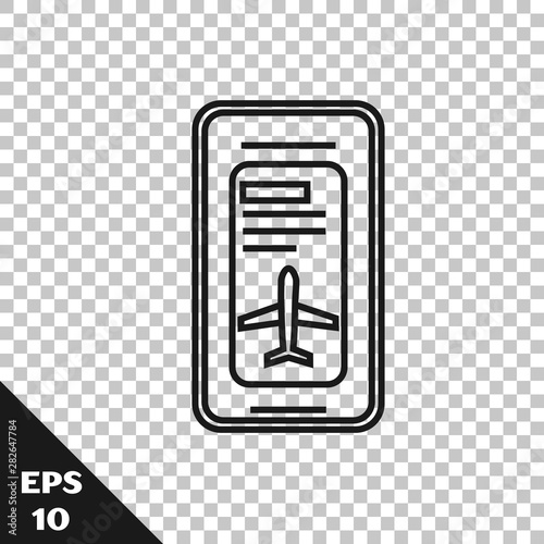 Black line Smartphone with electronic boarding pass airline ticket icon isolated on transparent background. Passenger plane mobile ticket for web and app. Vector Illustration