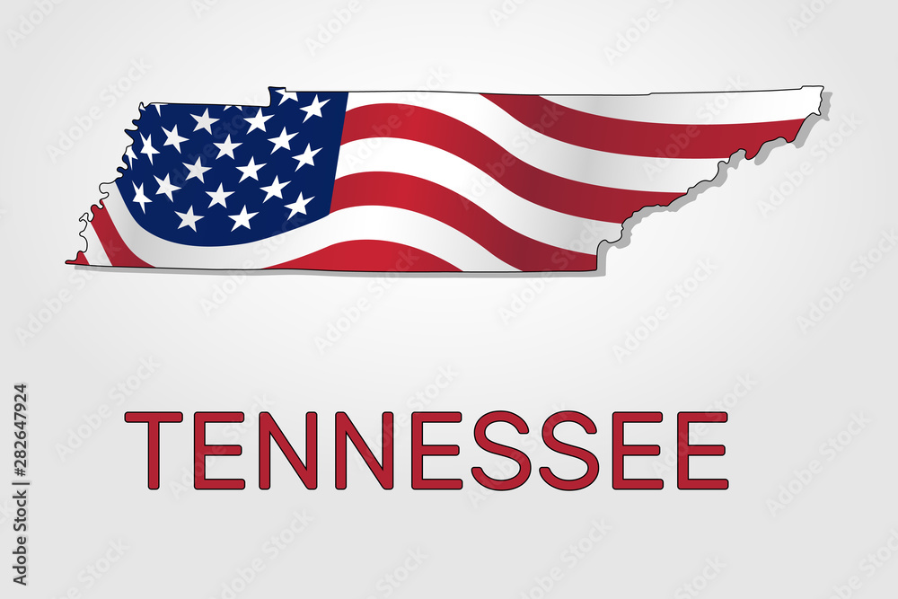 Map of the state of Tennessee in combination with a waving the flag of the United States. Tennessee silhouette or borders for geographic themes - Vector