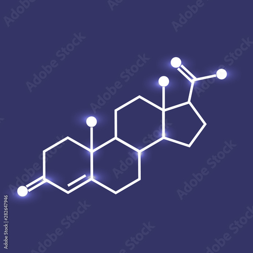 Shining progesterone chemical formula on blue background