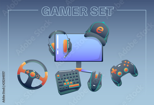 Esport equipment concept with competitive games accessories: headphones, gaming keyboard, mouse.Gamer set. Vector flat illustration, Pc gaming set. Flat concept art