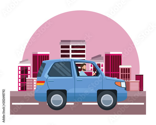 Man driving SUV vehicle sideview cartoon © Jemastock