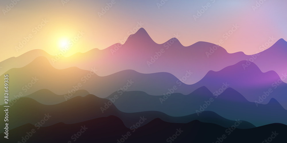Backgrounds of mountains and abstract hills with a blend of orange, yellow, green and dark purple. Panoramic background with hills, sunrise or sunset.