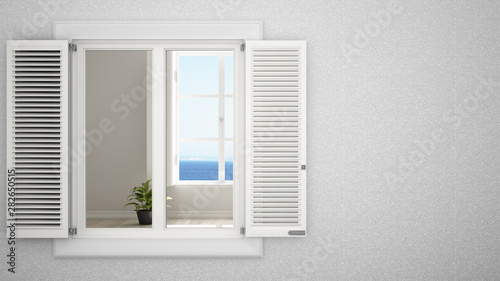 Exterior plaster wall with white window with shutters  showing empty room with panoramic windows  blank background with copy space  architecture design concept idea  mockup template