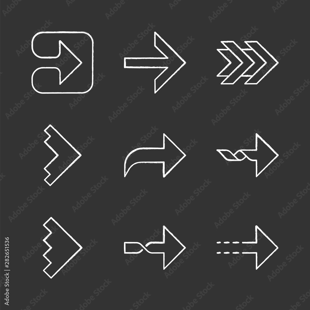 Right arrows chalk icons set. Forward, curved, dotted, twisted next, forward arrows. Marker, indicator. Motion. Movement sign. Arrowhead indicating rightward. Isolated vector chalkboard illustrations Right arrows chalk icons set. Forward, curved, dotted, twisted next, forward arrows. Marker, indicator. Motion. Movement sign. Arrowhead indicating rightward. Isolated vector chalkboard illustrations