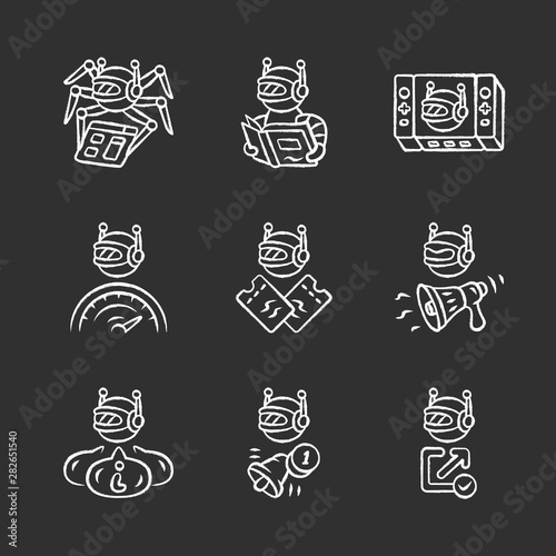 Web robots chalk icons set. Crawler, text-reading, propaganda, backlink checker bot. Proactive, optimizer robot. Artificial intelligence. Software app. Isolated vector chalkboard illustrations