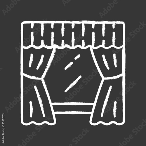 Window treatment set chalk icon. Living room, kitchen, bedroom decoration. Valance hanging on cornice. Windows curtains, swag. Home and office interior design. Isolated vector chalkboard illustration