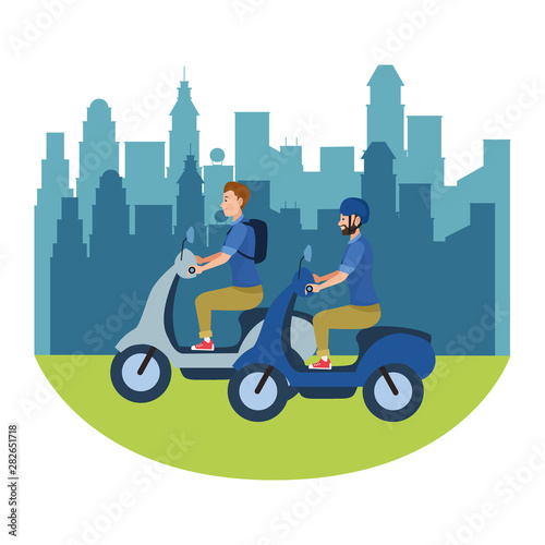People riding scooters motorcycles cartoon