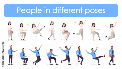 Business people flat vector characters in different poses set. Cartoon managers illustrations for animation isolated on white background. Workers in various emotions and actions, hand gestures pack