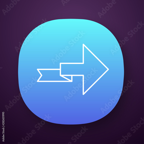Arrow with folding line app icon. Right turning arrowhead. Next ribbon arrow. Navigation symbol. Direction indexer. UI/UX user interface. Web or mobile application. Vector isolated illustration
