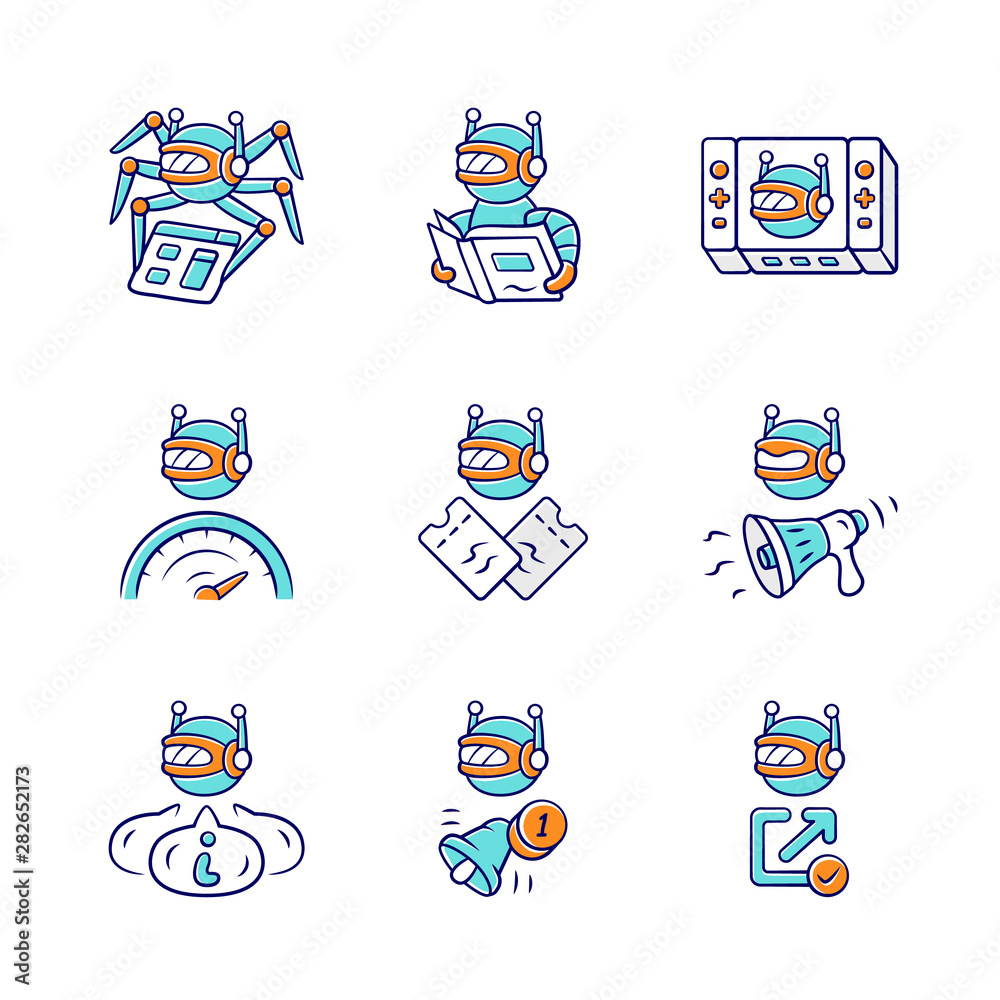Fototapeta premium Web robots color icons set. Crawler, text-reading, propaganda, backlink checker, informational bot. Proactive, optimizer robot. Artificial intelligence. Software app. Isolated vector illustrations