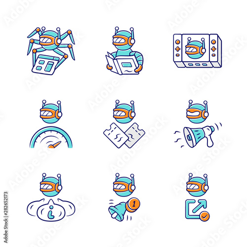 Web robots color icons set. Crawler, text-reading, propaganda, backlink checker, informational bot. Proactive, optimizer robot. Artificial intelligence. Software app. Isolated vector illustrations