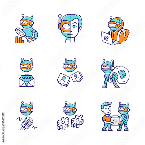 Internet bots color icons set. Hacker, voice, spam, impersonator, monitoring, work, scraper robots. Software program. Artificial intelligence. Cyborgs, malicious bots. Isolated vector illustrations