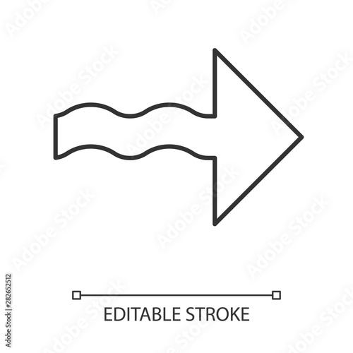 Wavy arrow linear icon. Direction pointer sign. Indicating arrowhead. Pointing cursor. Marker, indicator, next. Thin line illustration. Contour symbol. Vector isolated outline drawing. Editable stroke