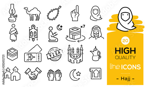Hajj season icons set including mosque, Muslim icons, religious items, mecca, Kaaba, prayer, Hajj process and prayers