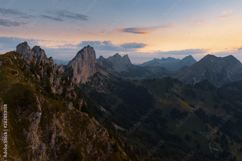Naklejka Mountain and sunset to the Gastlosen (Switzerland)