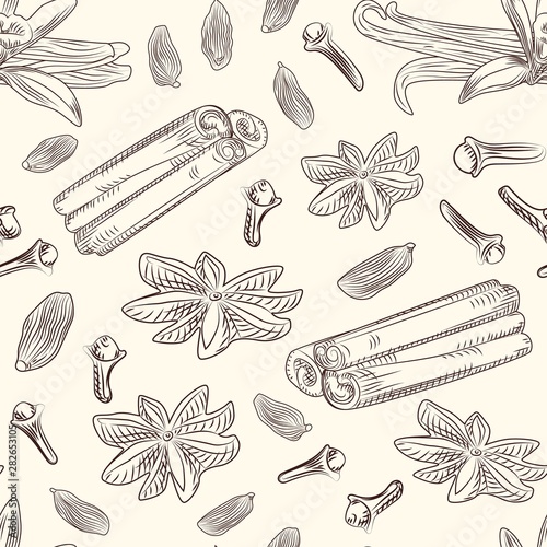 Hand drawn mulled wine spices seamless pattern.
