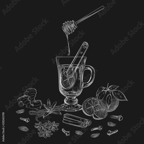 Hand drawn citrus non alcoholic mulled wine and spices on blackboard.