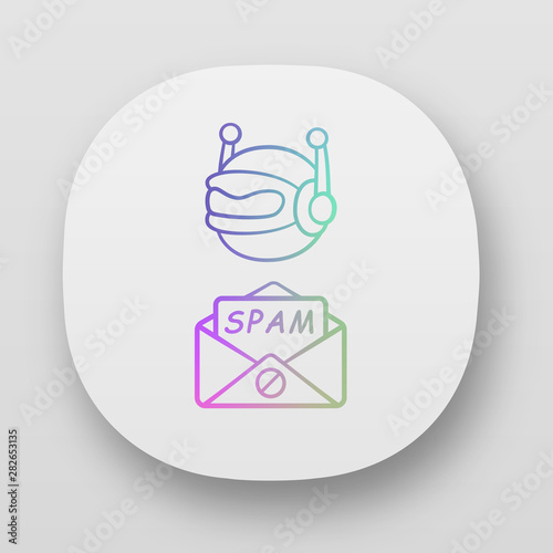 Spambot app icon. Virus advertisements, links. Spam bot. Malicious phishing sites. Spam advertising software sending. UI/UX user interface. Web or mobile applications. Vector isolated illustrations