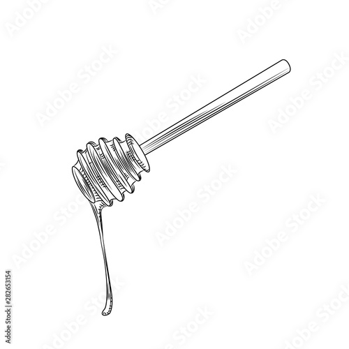 Hand drawn wooden honey dipper isolated on white background.