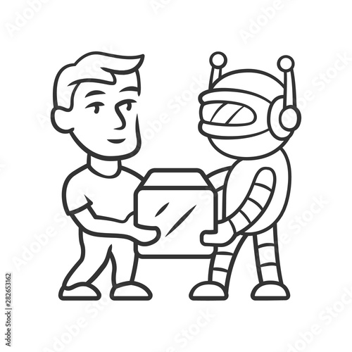 Transactional bot linear icon. Artificial intelligence. Partner bot. Man and robot holding box. Thin line illustration. Contour symbol. Vector isolated outline drawing. Editable stroke