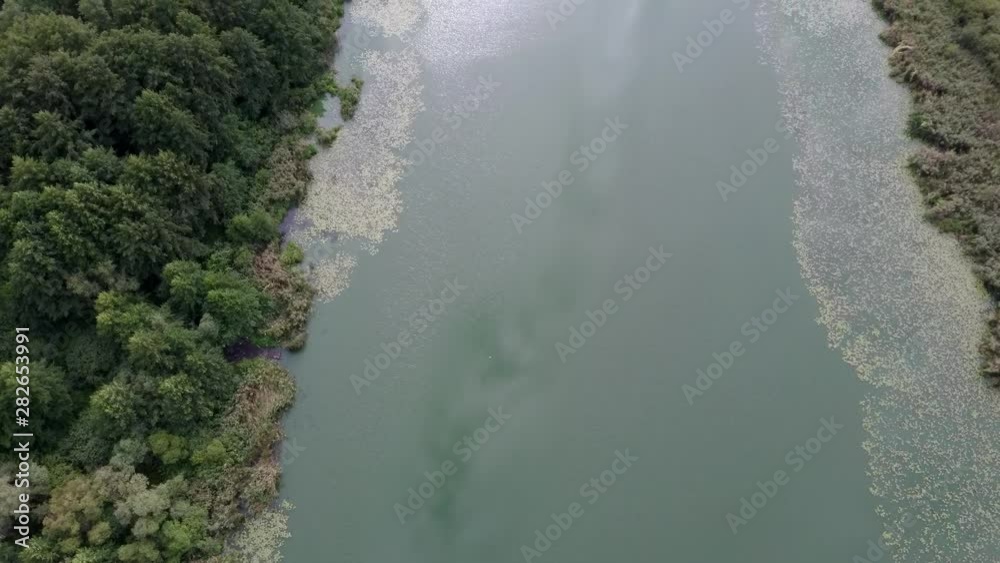 Calm pond in green countryside. From above amazing lake with tranquil water located near green forest in nature Calm pond in green countryside. From above amazing lake with tranquil water located near green forest in nature