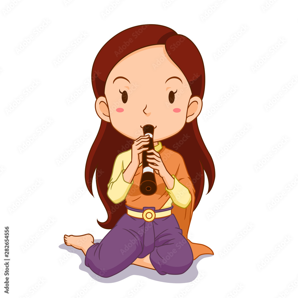 Cartoon character of girl playing Thai traditional clarinet. Cartoon character of girl playing Thai traditional clarinet.