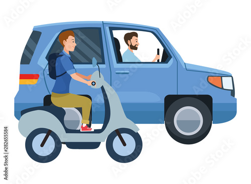 Vehicle and motorcycle with drivers riding