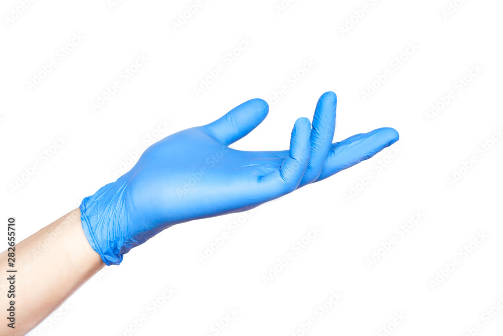 Doctor hand in blue gloves in holding position isolated on white - obrazy, fototapety, plakaty 