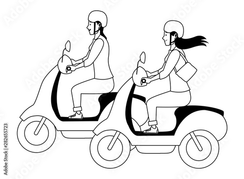 People riding scooters motorcycles cartoon in black and white