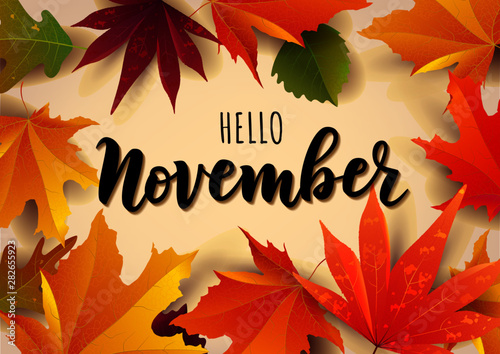 October word. Hand lettering typography with autumn leaves. Vector illustration as poster, postcard, greeting card, invitation template. Concept October advertising