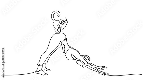 One line drawing. Woman doing yoga with cat