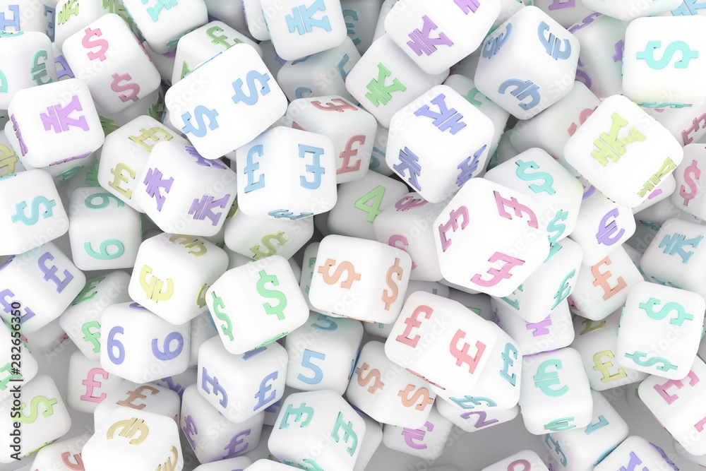 Sign or symbol, bunch of currency & number character for design texture, background. 3D render.